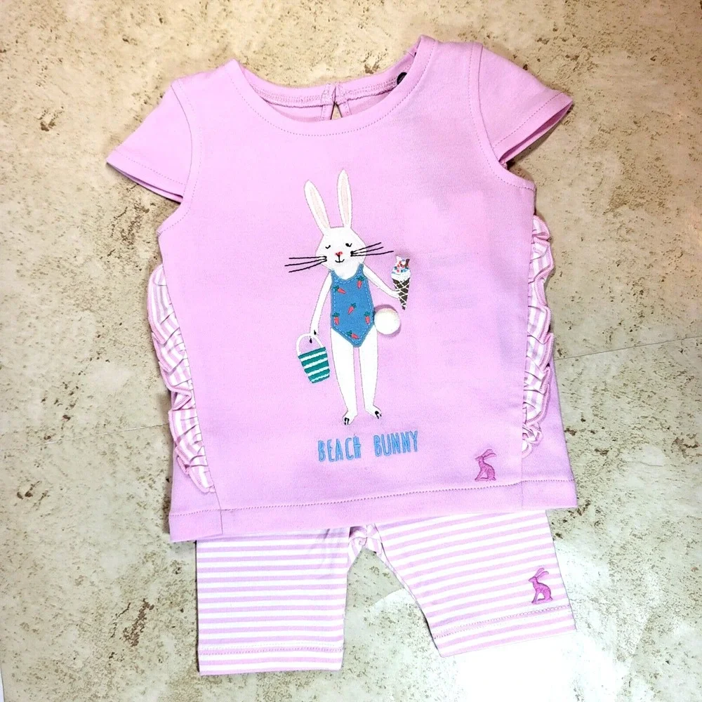 Joules Paula Beach Bunny 2 Piece Pink Short Sleeve Top Stripe Pant 3 Mnth 10-14#
